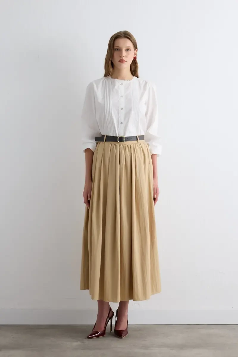 Long Skirt with Drawstring Waist - Beige - Gusto