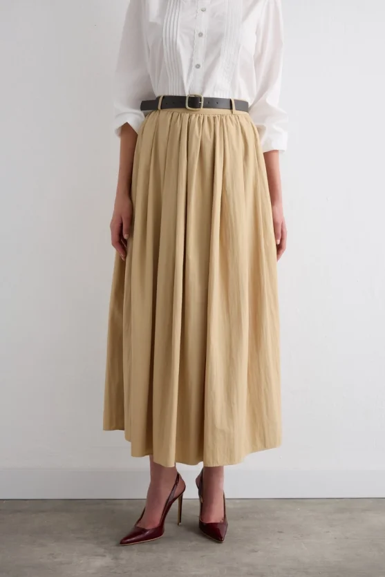 Long Skirt with Drawstring Waist - Beige - 3