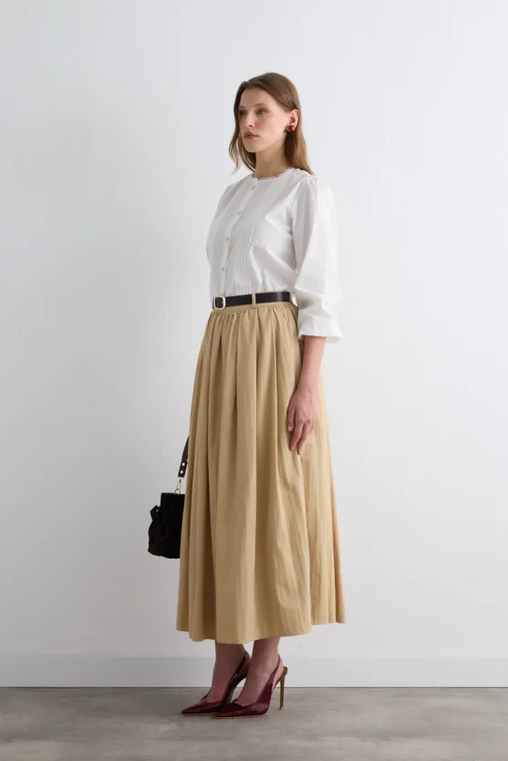 Long Skirt with Drawstring Waist - Beige - 6