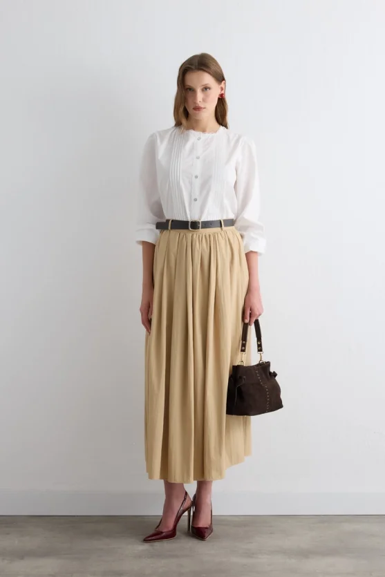 Long Skirt with Drawstring Waist Beige - 5