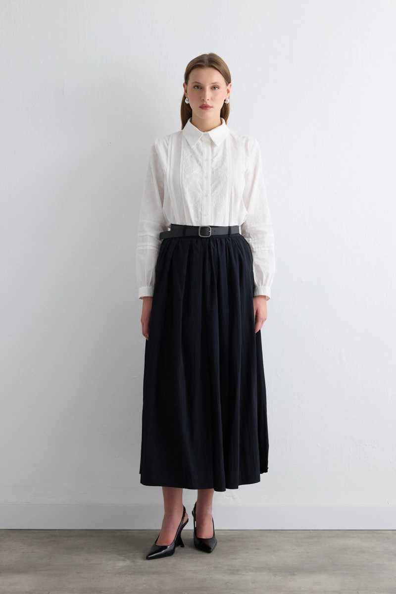 Long Skirt with Drawstring Waist - Black