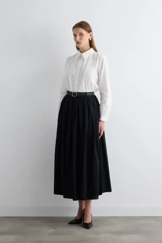 Long Skirt with Drawstring Waist - Black - 4