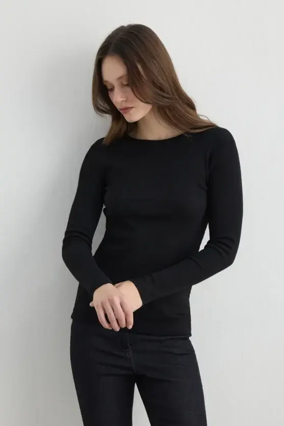 Long Sleeve Basic Cotton T-Shirt - Black - Gusto