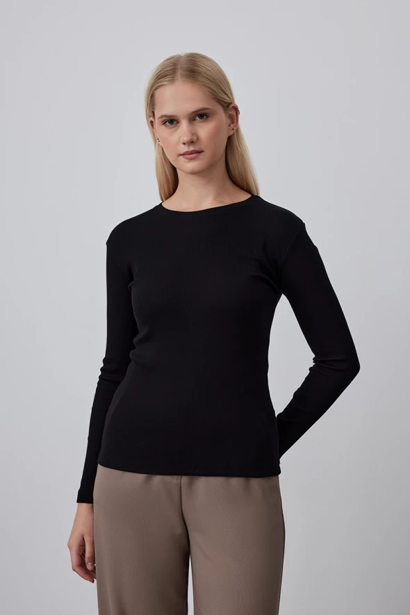 Long Sleeve Basic Cotton T-shirt - Black - 1