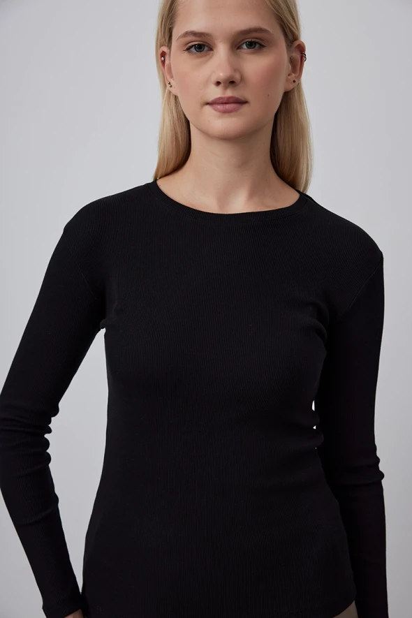 Long Sleeve Basic Cotton T-shirt - Black - 3