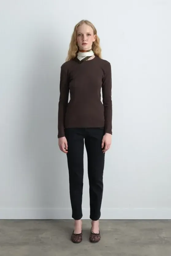 Long Sleeve Basic Cotton T-Shirt - Brown - Gusto