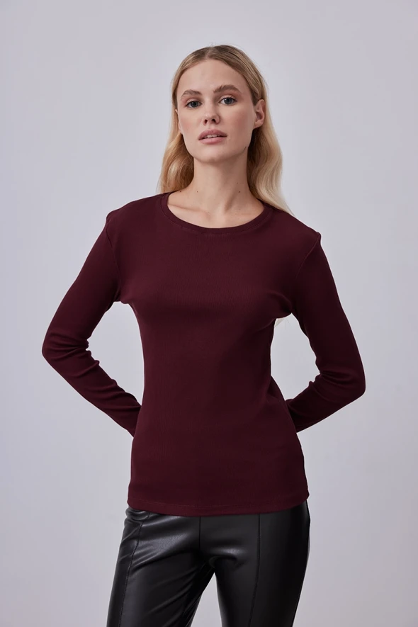 Long Sleeve Basic Cotton T-shirt - Burgundy - 1