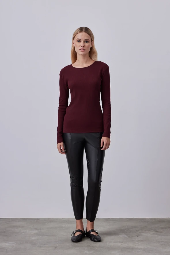 Long Sleeve Basic Cotton T-shirt - Burgundy - 2