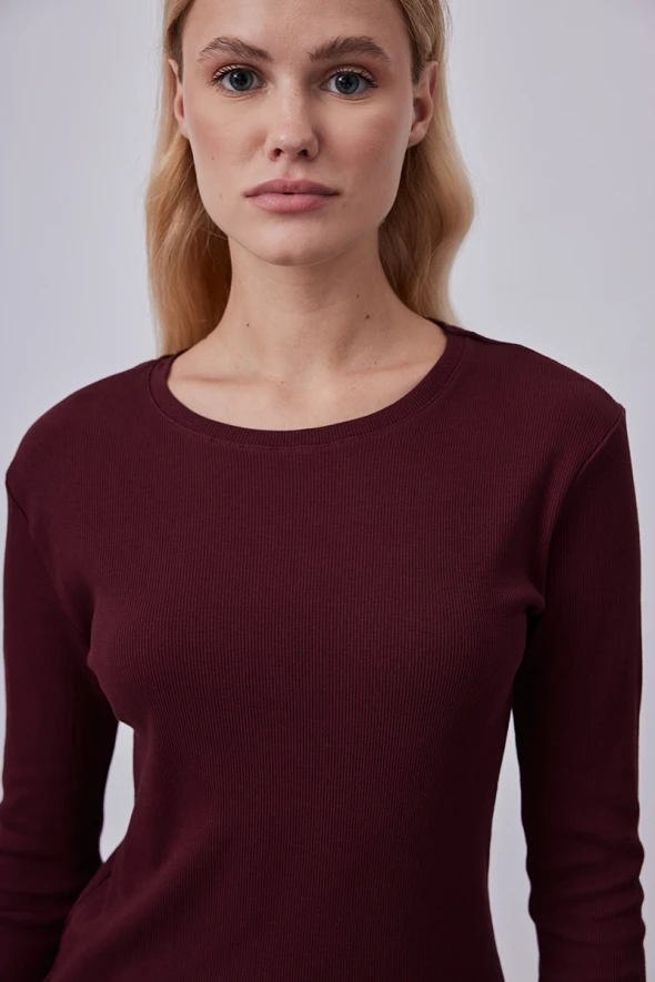 Long Sleeve Basic Cotton T-shirt - Burgundy - 3