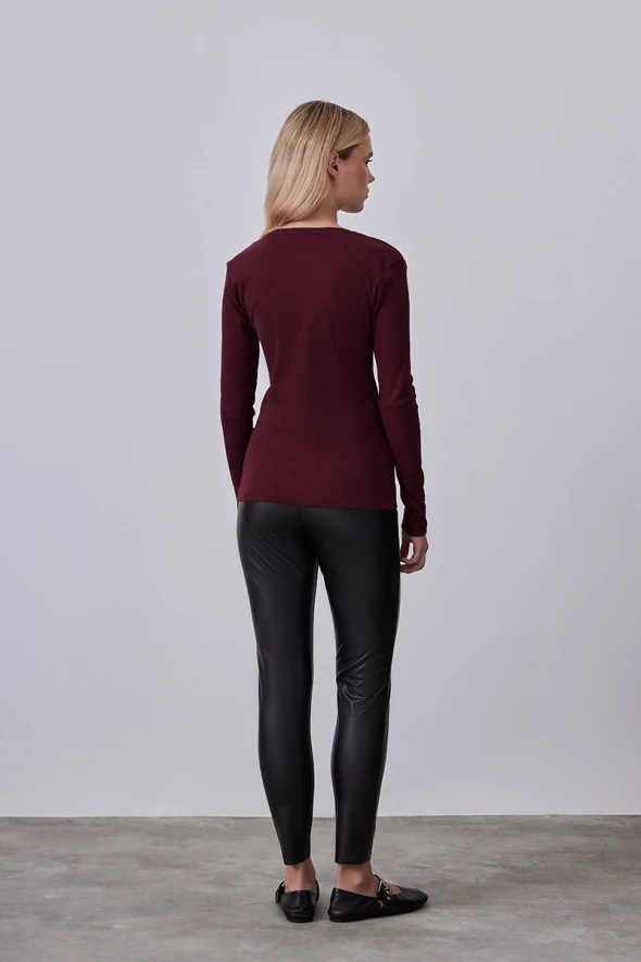 Long Sleeve Basic Cotton T-shirt - Burgundy - 4