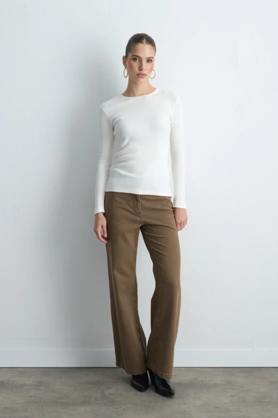 Long Sleeve Basic Cotton T-Shirt - Ecru - 2