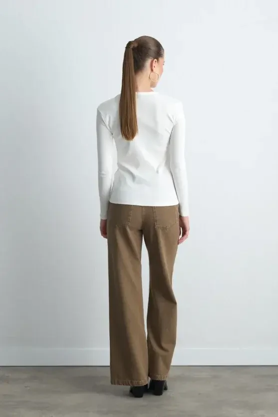 Long Sleeve Basic Cotton T-Shirt - Ecru - 5