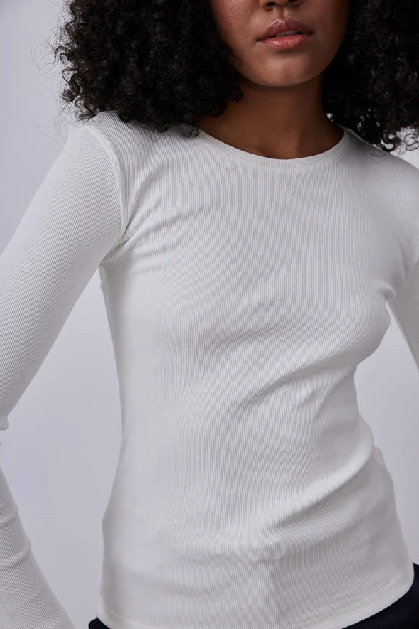 Long Sleeve Basic Cotton T-shirt - Ecru - 3