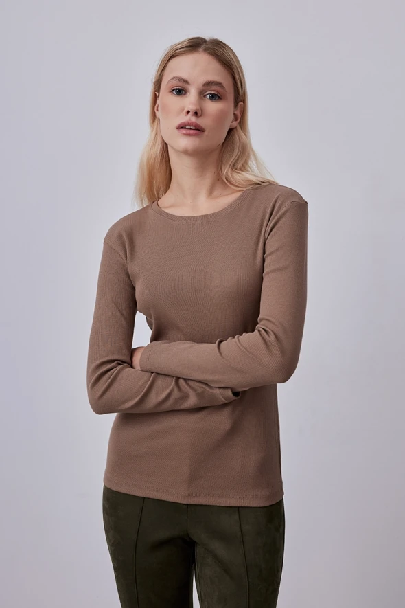 Long Sleeve Basic Cotton T-shirt - Mink - 1