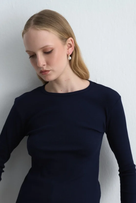 Long Sleeve Basic Cotton T-Shirt - Navy Blue - 3