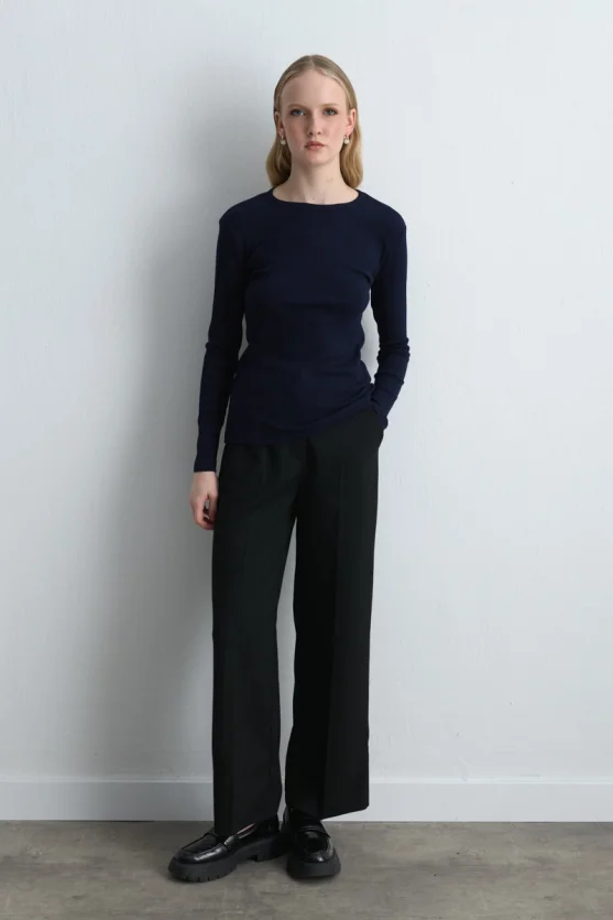 Long Sleeve Basic Cotton T Shirt Navy Blue - 2