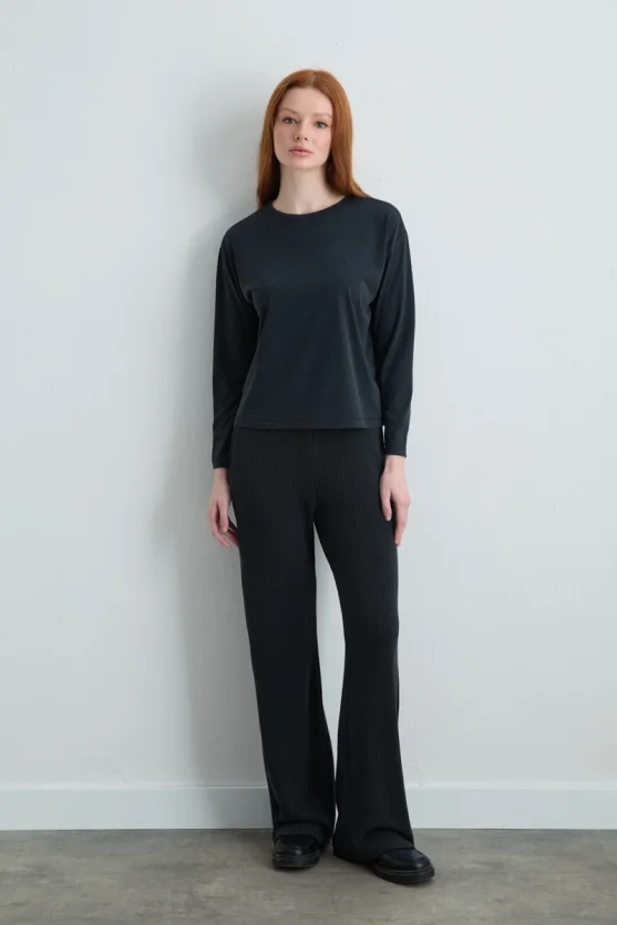 Long Sleeve Modal Knit Blouse Black - 2