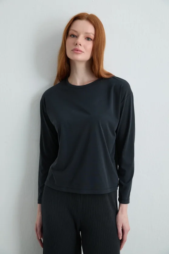 Long Sleeve Modal Knit Blouse Black - 1