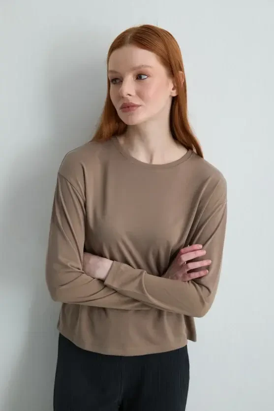 Long-Sleeve Modal Knit Blouse - Fawn - 5