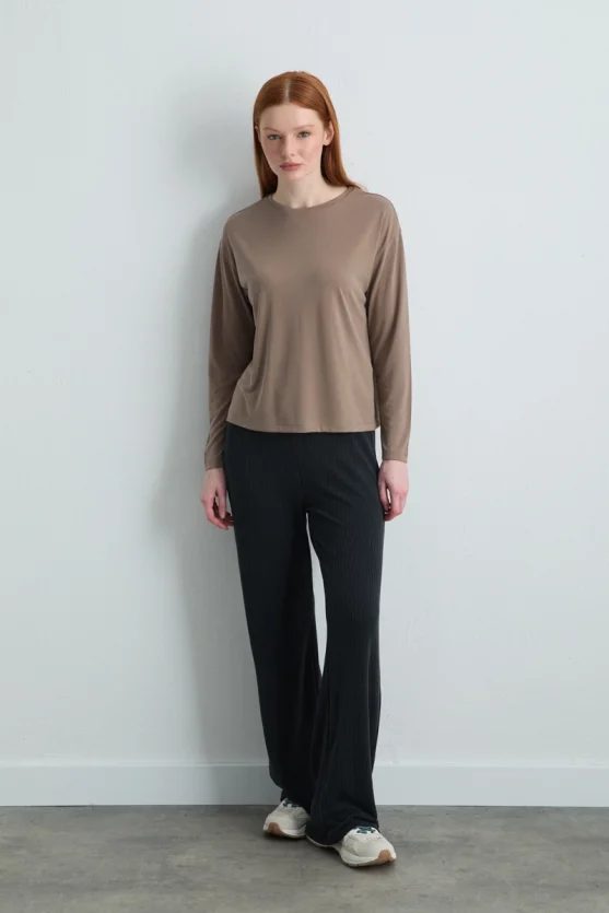 Long Sleeve Modal Knit Blouse Fawn - 3