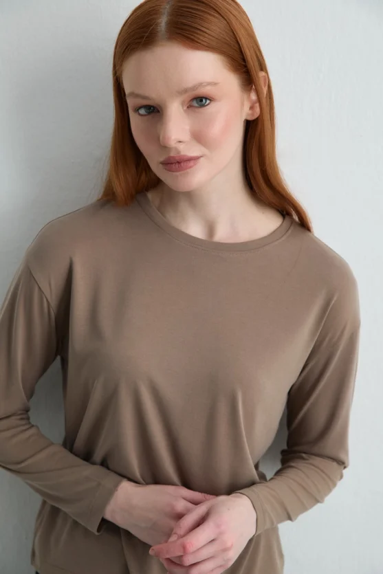 Long Sleeve Modal Knit Blouse Fawn - 4