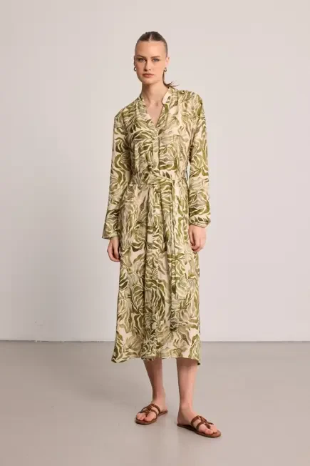 Long Sleeve Patterned Viscose Dress - Green Green