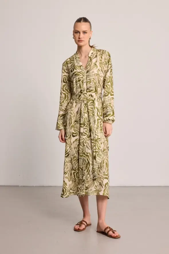 Long Sleeve Patterned Viscose Dress - Green - 1