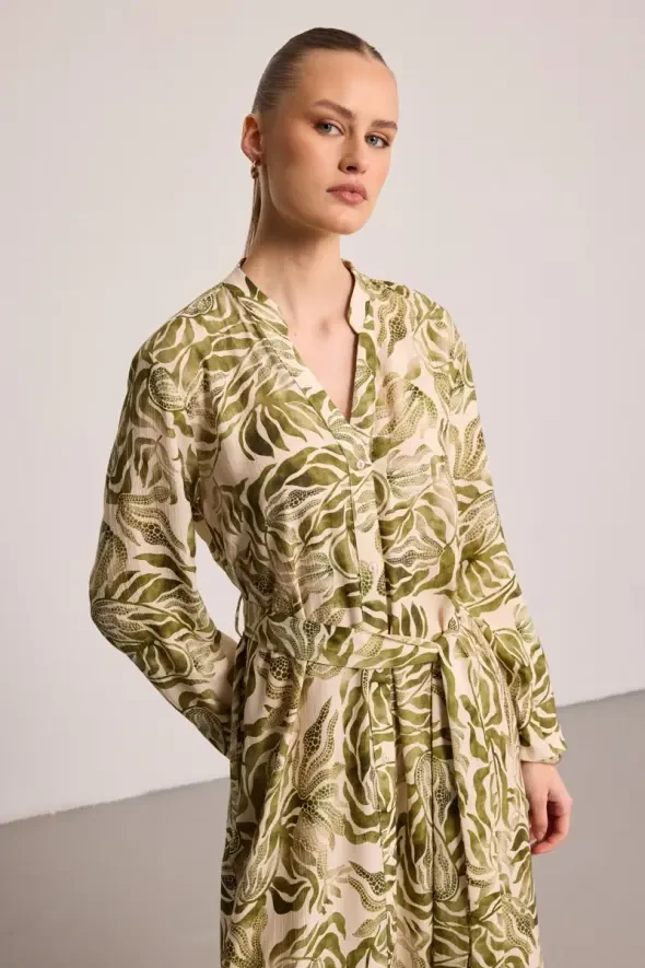 Long Sleeve Patterned Viscose Dress - Green - 2