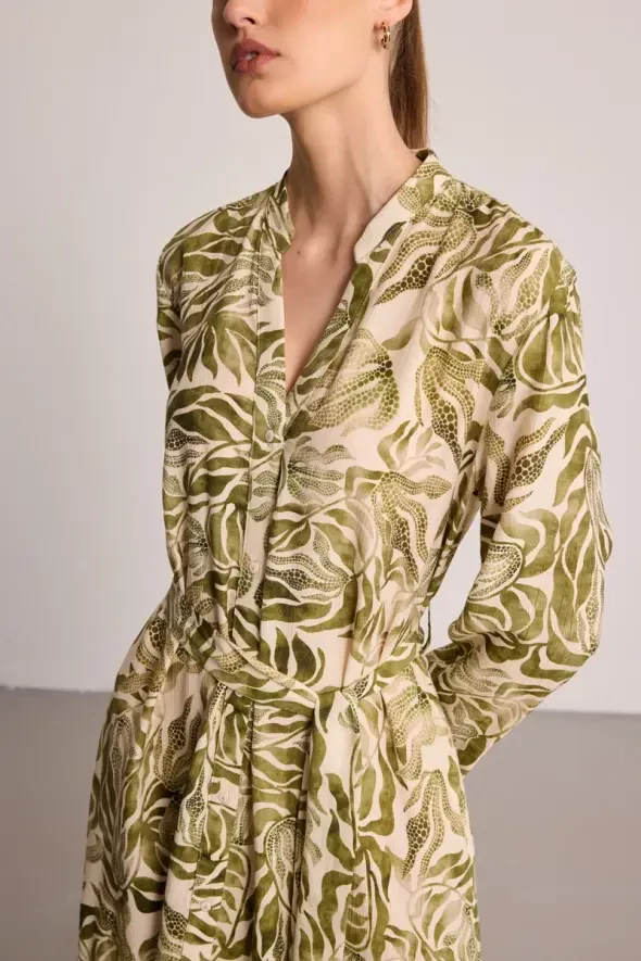 Long Sleeve Patterned Viscose Dress - Green - 3