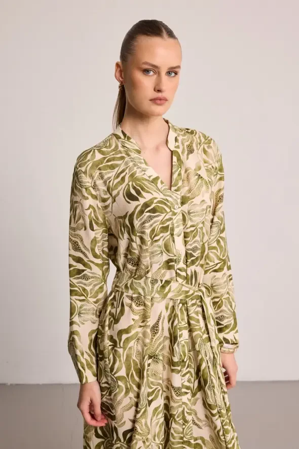 Long Sleeve Patterned Viscose Dress - Green - 4