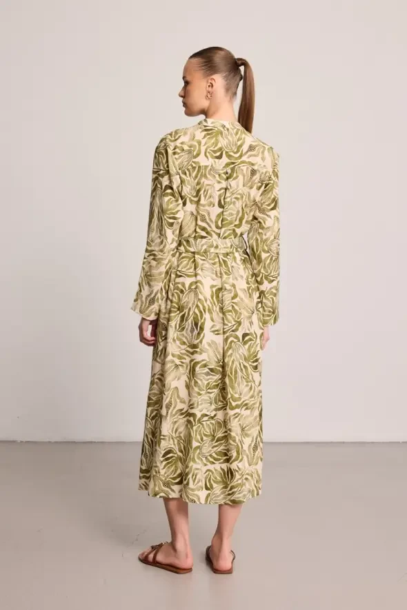 Long Sleeve Patterned Viscose Dress - Green - 5