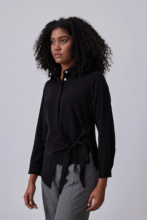 Long Sleeve Shirt with Ties - Black - 2