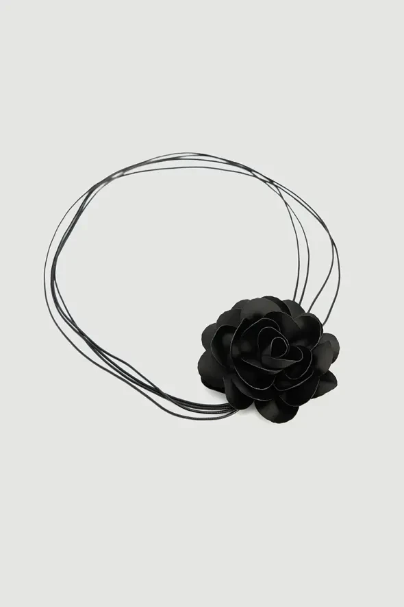 Long String Rose Brooch Necklace - Black - 2