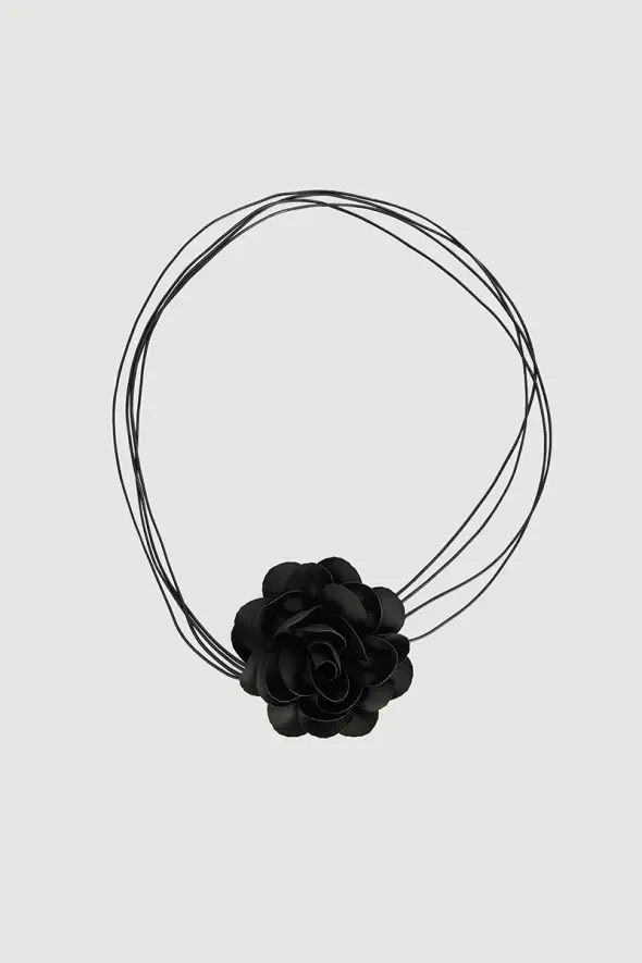 Long String Rose Brooch Necklace - Black - 3