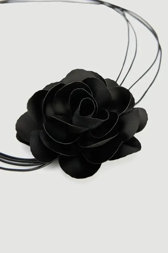 Long String Rose Brooch Necklace - Black - 4