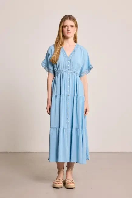 Long Tencel Dress with Lace Trim - Blue Blue