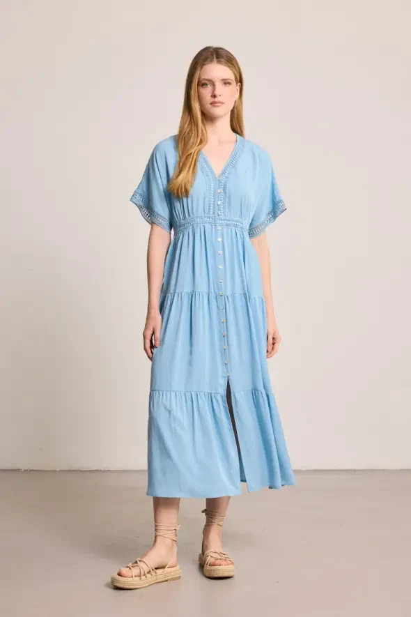 Long Tencel Dress with Lace Trim - Blue - 4