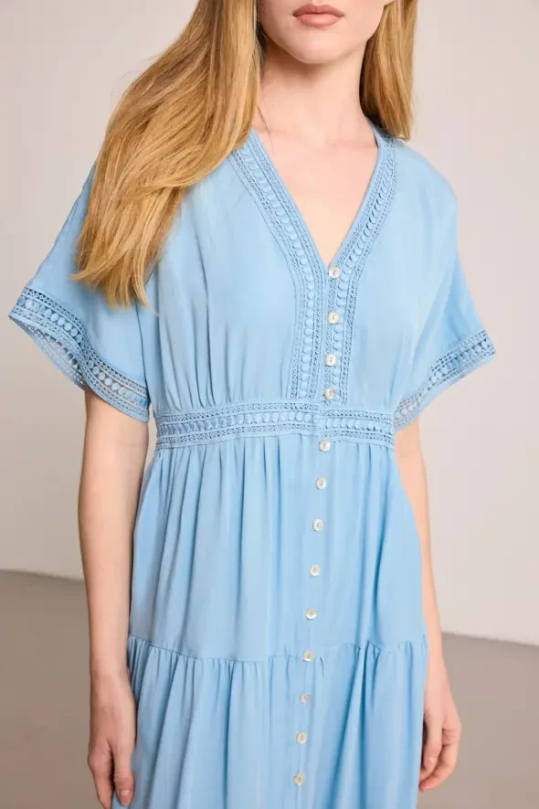 Long Tencel Dress with Lace Trim - Blue - 3