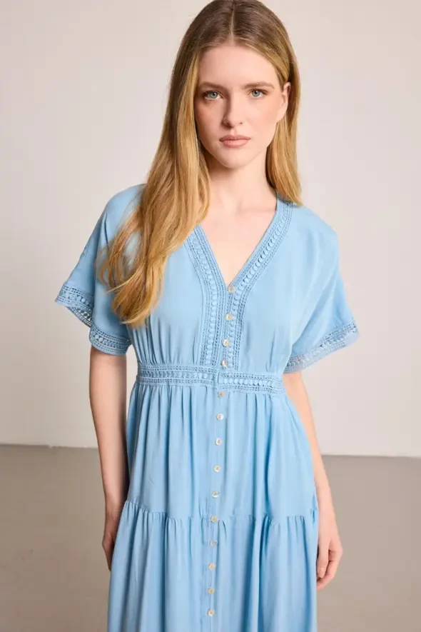 Long Tencel Dress with Lace Trim - Blue - 2