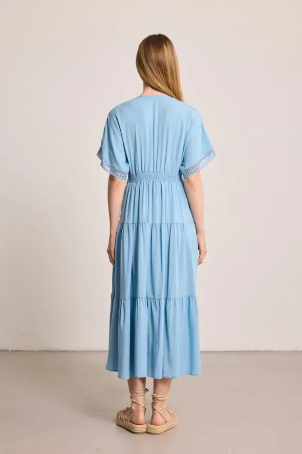 Long Tencel Dress with Lace Trim - Blue - 6