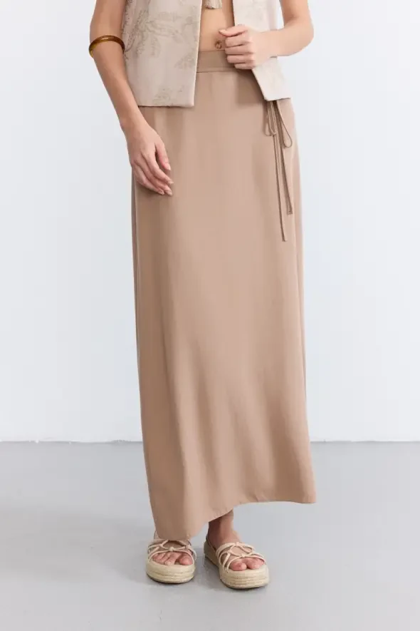 Long Tencel Skirt with Drawstring Waist - Taupe - 1
