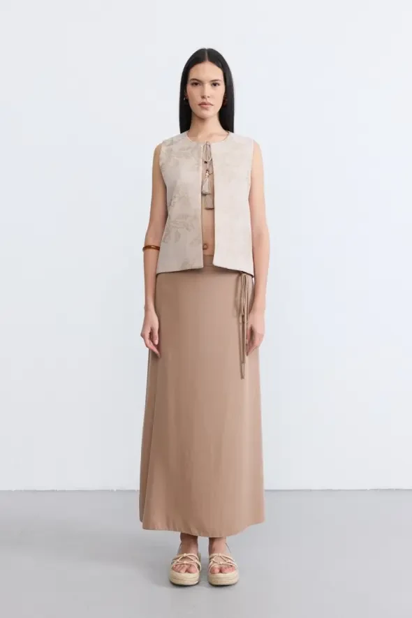 Long Tencel Skirt with Drawstring Waist - Taupe - 2