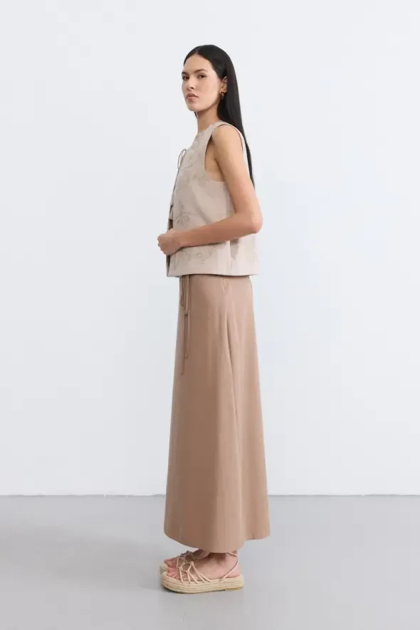 Long Tencel Skirt with Drawstring Waist - Taupe - 3