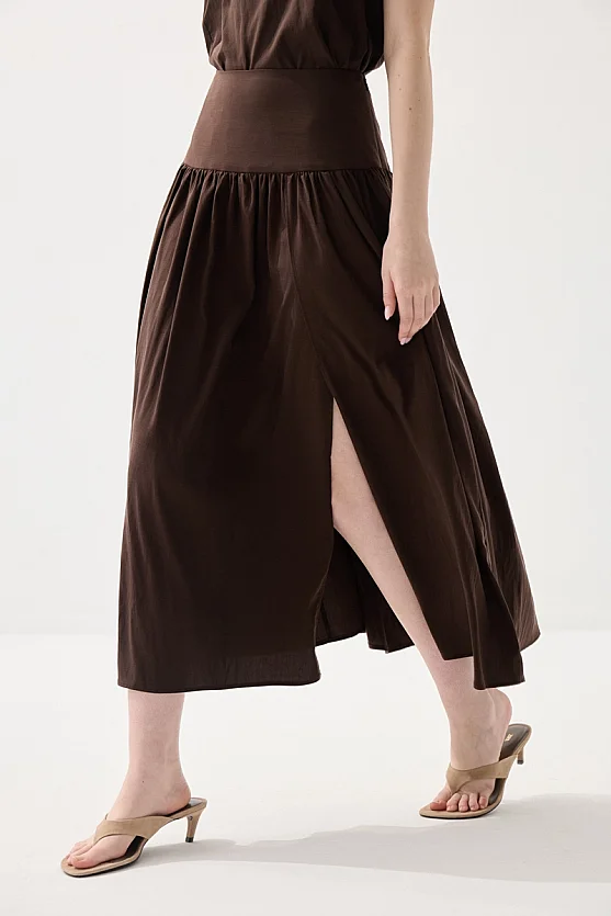 Long Tencel Skirt with Slit - Brown - 2