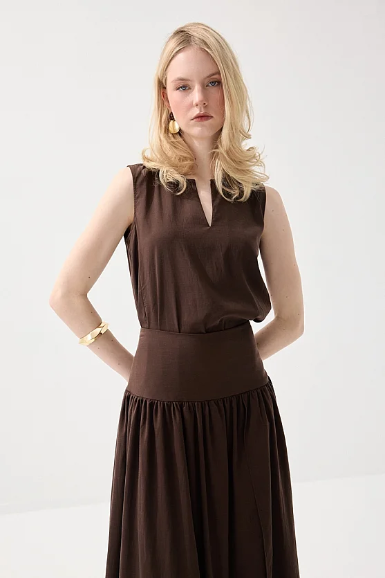 Long Tencel Skirt with Slit - Brown - 4