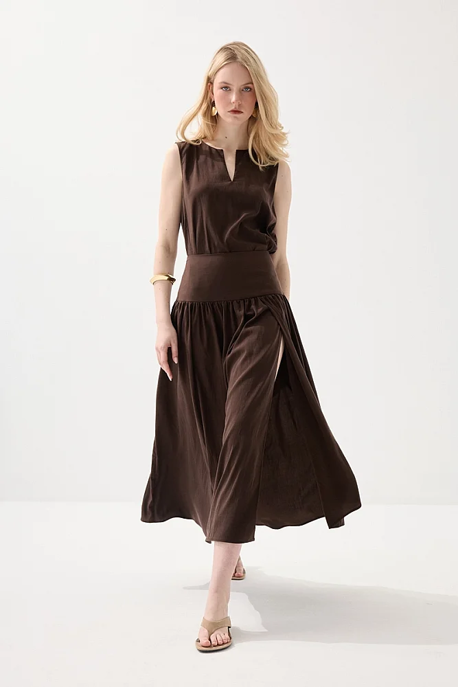 Long Tencel Skirt with Slit - Brown Brown