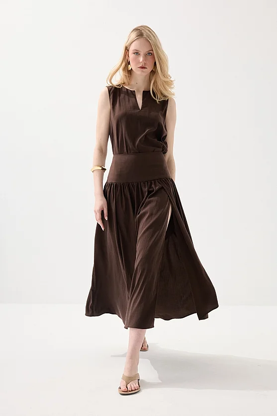 Long Tencel Skirt with Slit - Brown - 5