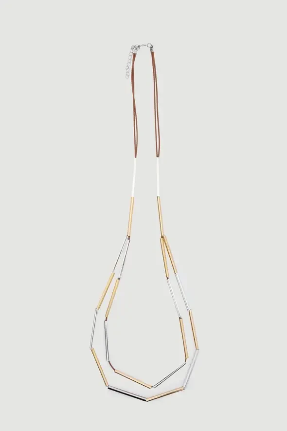 Long Tube Metal Bead Necklace - Gold - 1