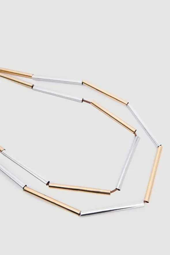 Long Tube Metal Bead Necklace - Gold - 2