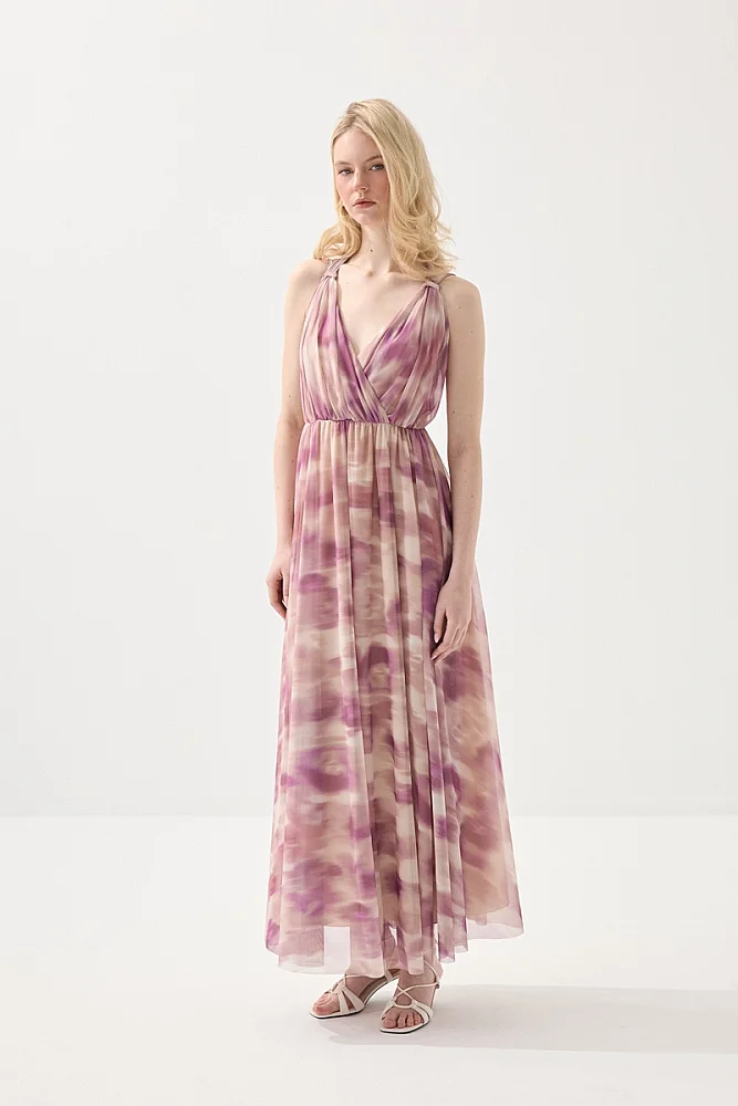 Long Tulle Evening Dress with Scarf Detail - Pink Pink